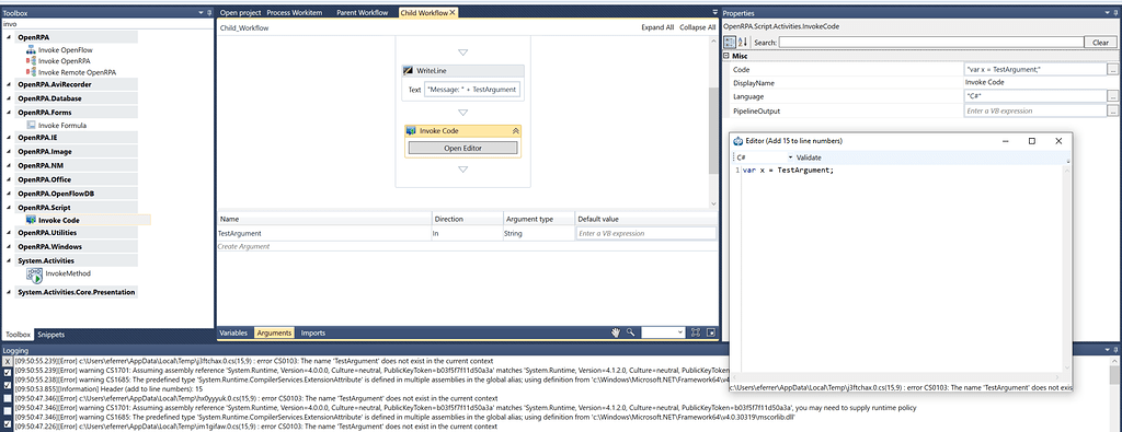 Invoke Code activity is not recognizing the arguments (direction: In ...